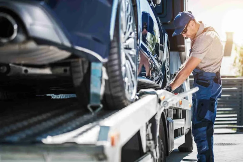 Auto Transport Broker vs Carrier: What’s the Difference? Truck driver securing vehicle on trailer ramp, showing hands-on carrier responsibilities in broker vs carrier shipping.
