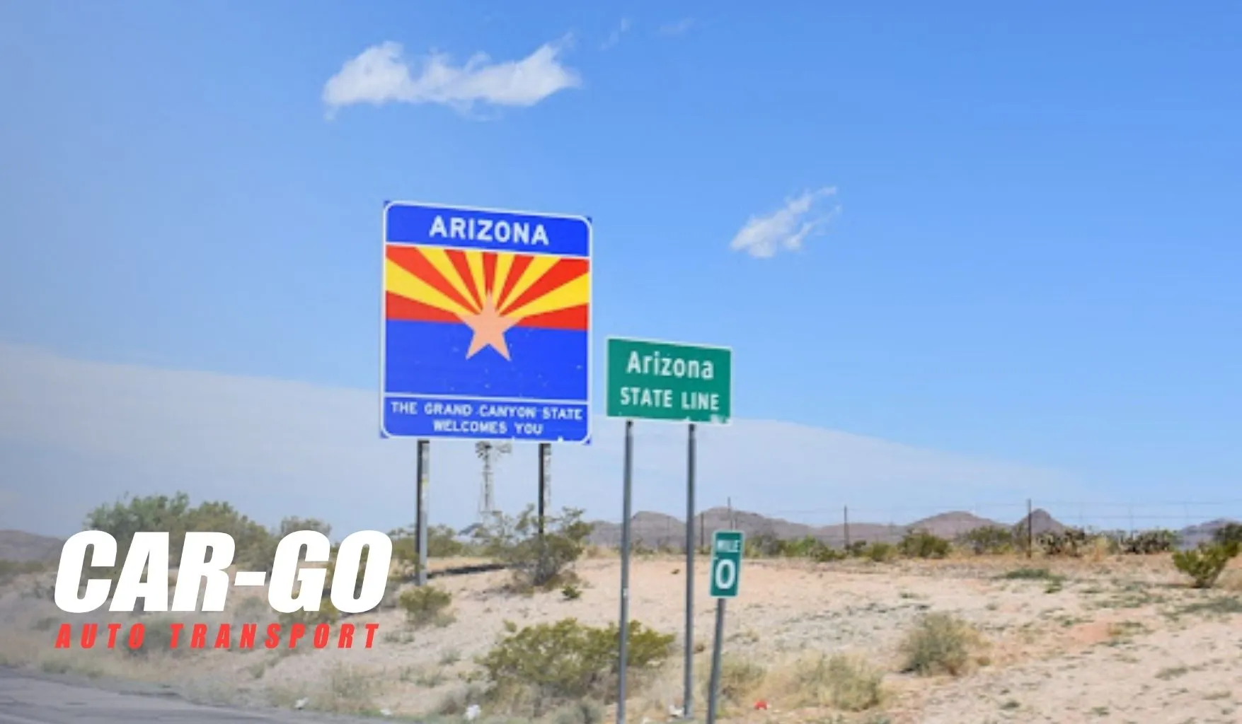 Arizona state line road sign representing destination routes for Car Shipping California to Arizona.