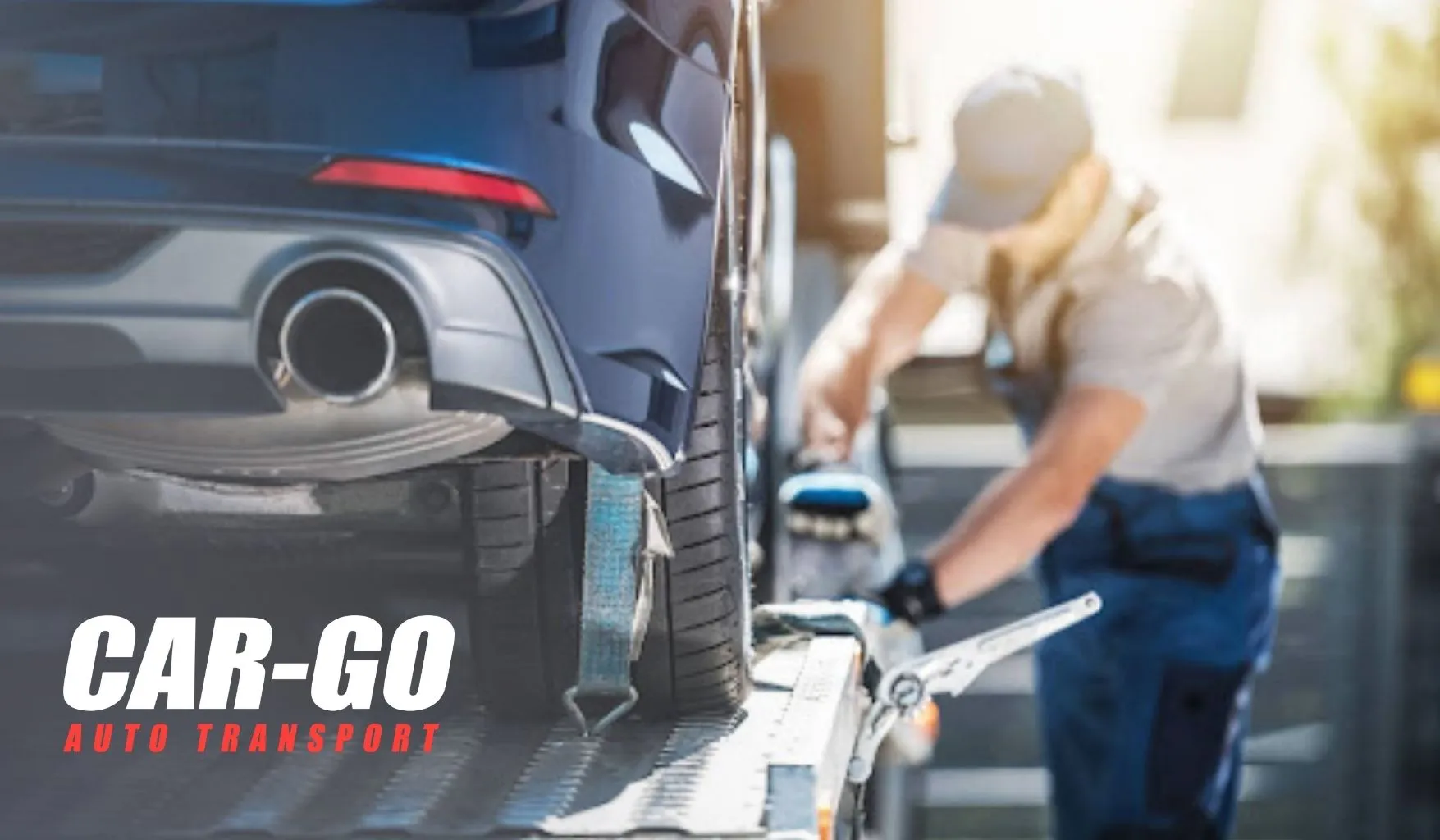 Vehicle being secured on carrier illustrating the process behind How Long Does Car Shipping Take for delivery.