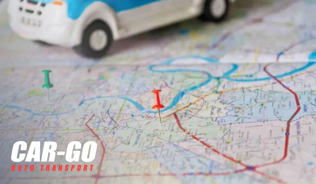 A route map with location pins showing vehicle tracking progress between pickup and delivery poin