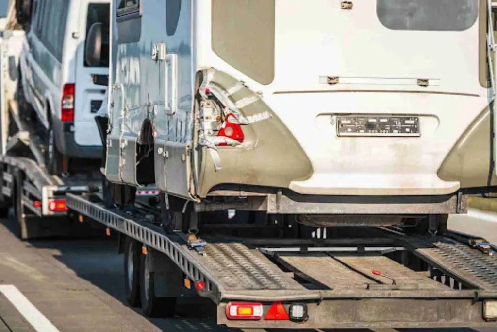 How to Ship a Non-Running Car Long Distance Disabled vehicle loaded onto a flatbed tow truck, showing how to ship a non-running car safely for long-distance transport.
