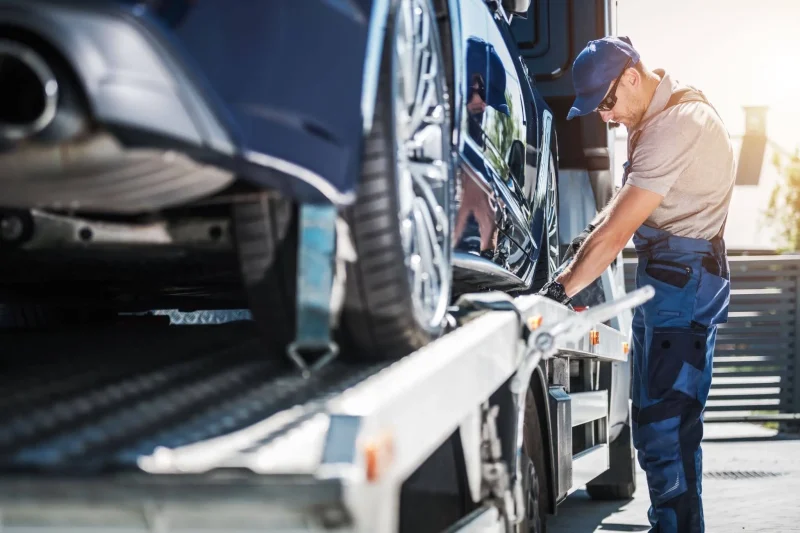 auto-transport-broker-vs-carrier-securing-car-flatbed Auto transport broker vs carrier worker securing a black car on a flatbed truck