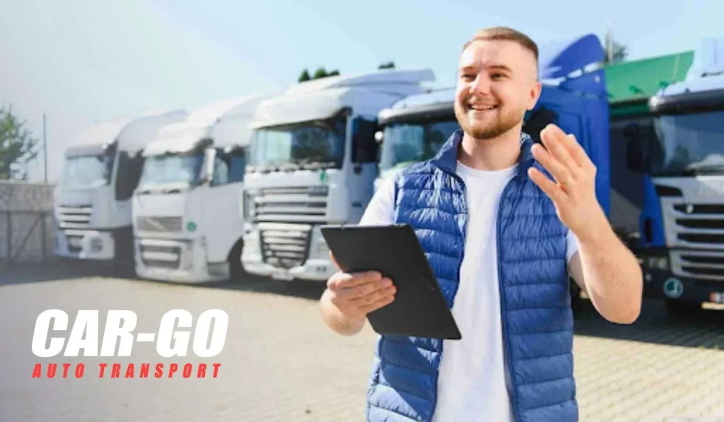 Logistics coordinator holding tablet in front of transport trucks, illustrating broker vs carrier roles in auto shipping.