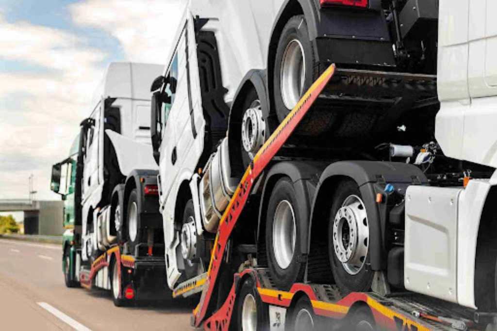 What a Dispatch Fee Is and Why It Exists in Auto Transport Commercial trucks loaded onto trailer, showing carrier assignment tied to dispatch fee in auto transport.