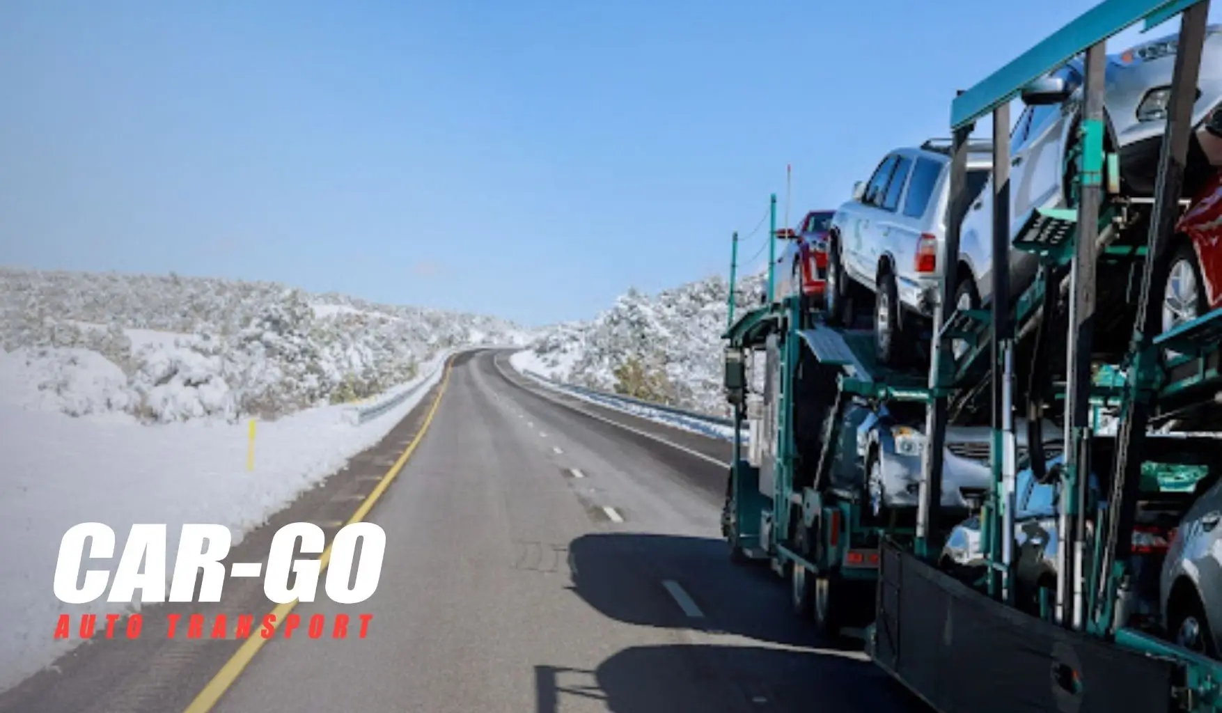 Car carrier transporting vehicles through snowy highway for snowbird car shipping to Florida during winter travel.