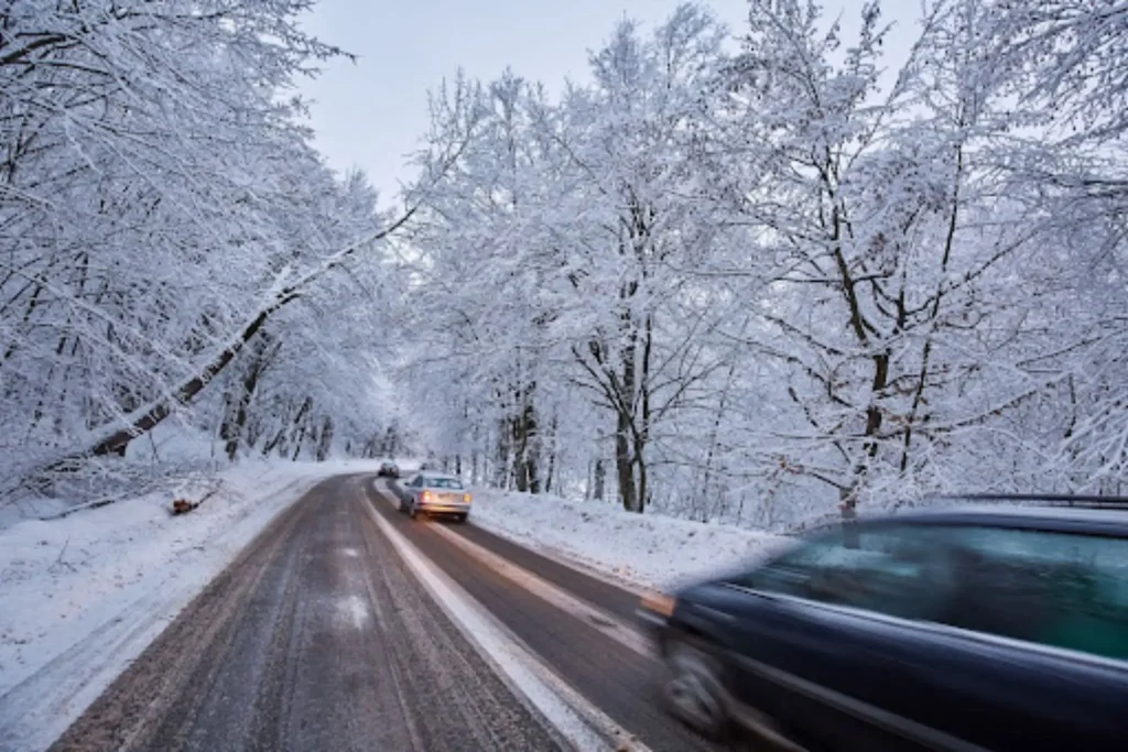 The Snowbird’s Guide to Shipping Your Car to Florida (and Back) Cars traveling on snowy road as part of seasonal snowbird car shipping to Florida migration routes.