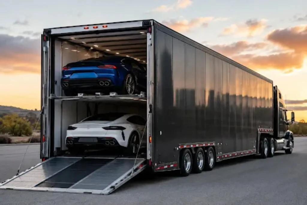 How Auto Transport Is Adapting to Electric Vehicles Enclosed trailer loading luxury EVs for auto transport electric vehicles shipping across long-distance routes.