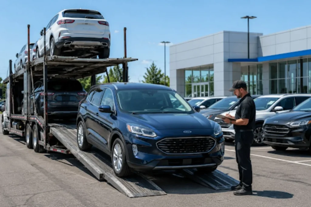 OEM-to-Dealership Vehicle Logistics: How It Works OEM-to-dealership vehicle logistics with new SUVs unloaded at a dealership for inventory inspection and delivery.